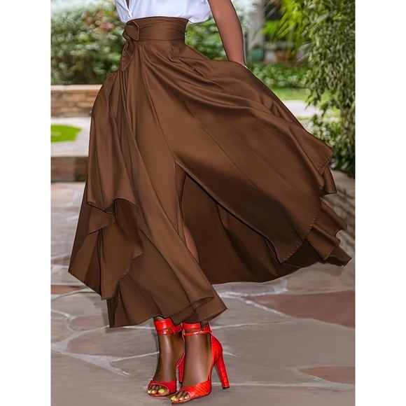 Elegant Plus Size Solid Color Midi Skirt with Belt & Side Slit - High Waist, Non - Picture 1 of 6